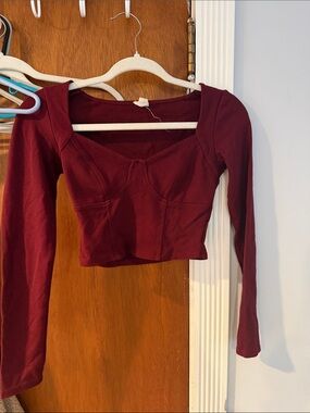 Garage Long-Sleeve Burgundy Cropped Seam-Detail Top